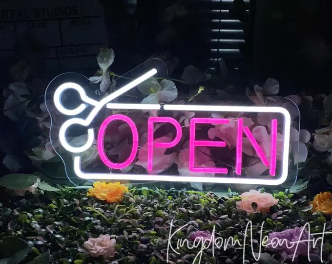 Beauty salon neon sign in script font UK